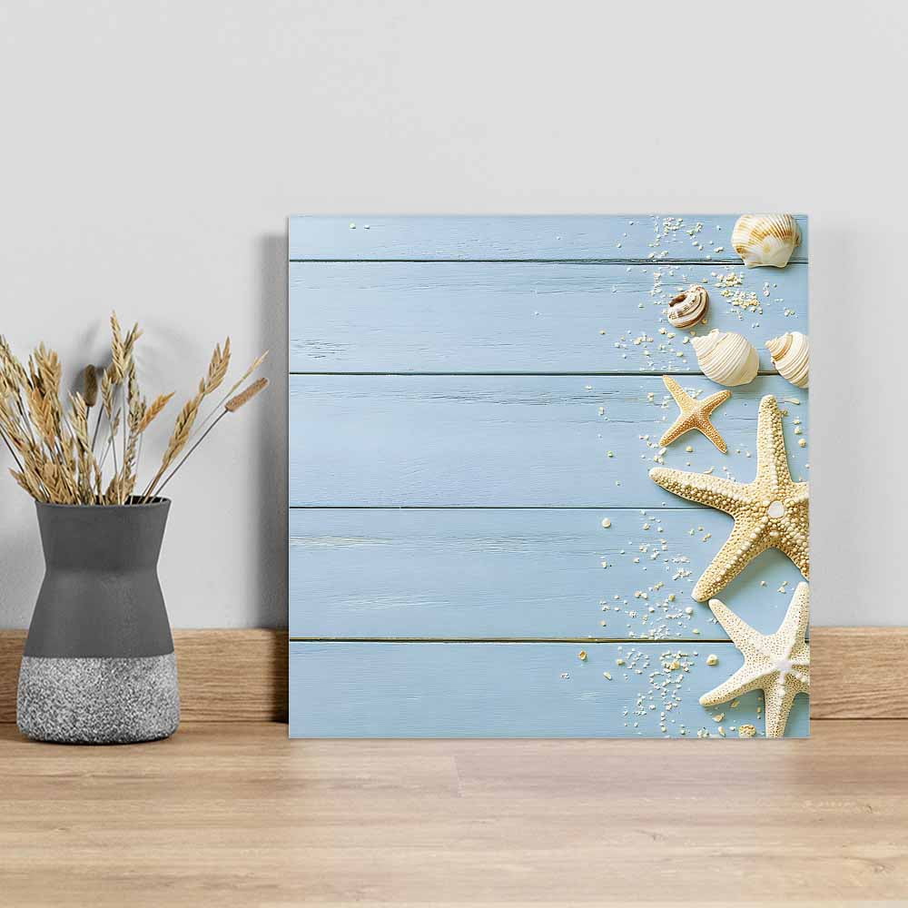 Beach Light Blue Canvas Wall Art, Rustic Ocean Starfish Seashell Wooden Framed Wall Decor Modern Artwork Prints Painting for Living Room, Bedroom, Kitchen & Cafe Decor 16x16 Inch
