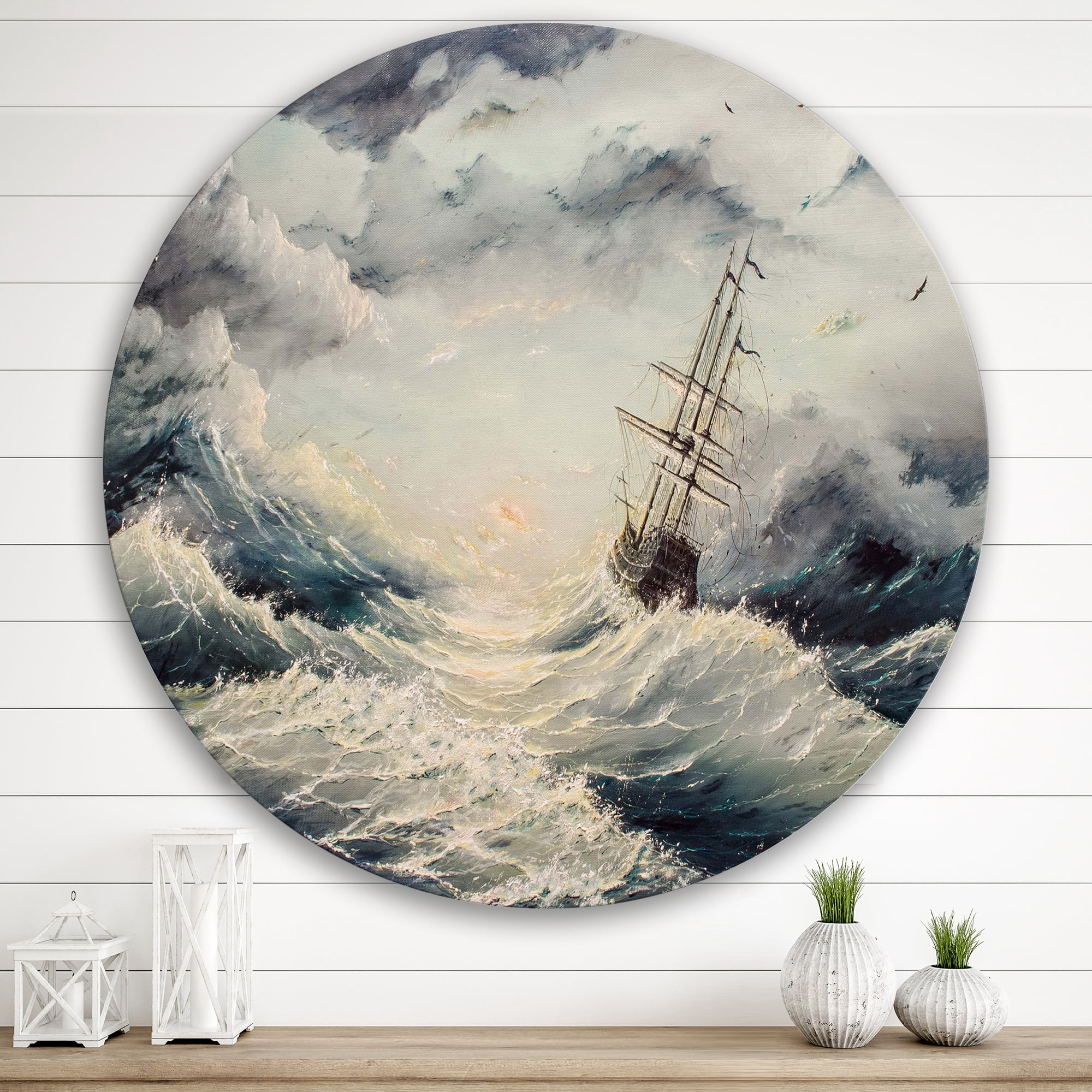Designart 'Ship Struggles With The Sea Storm' Nautical & Coastal Circle Metal Wall Art 36x36 - Disc of 36