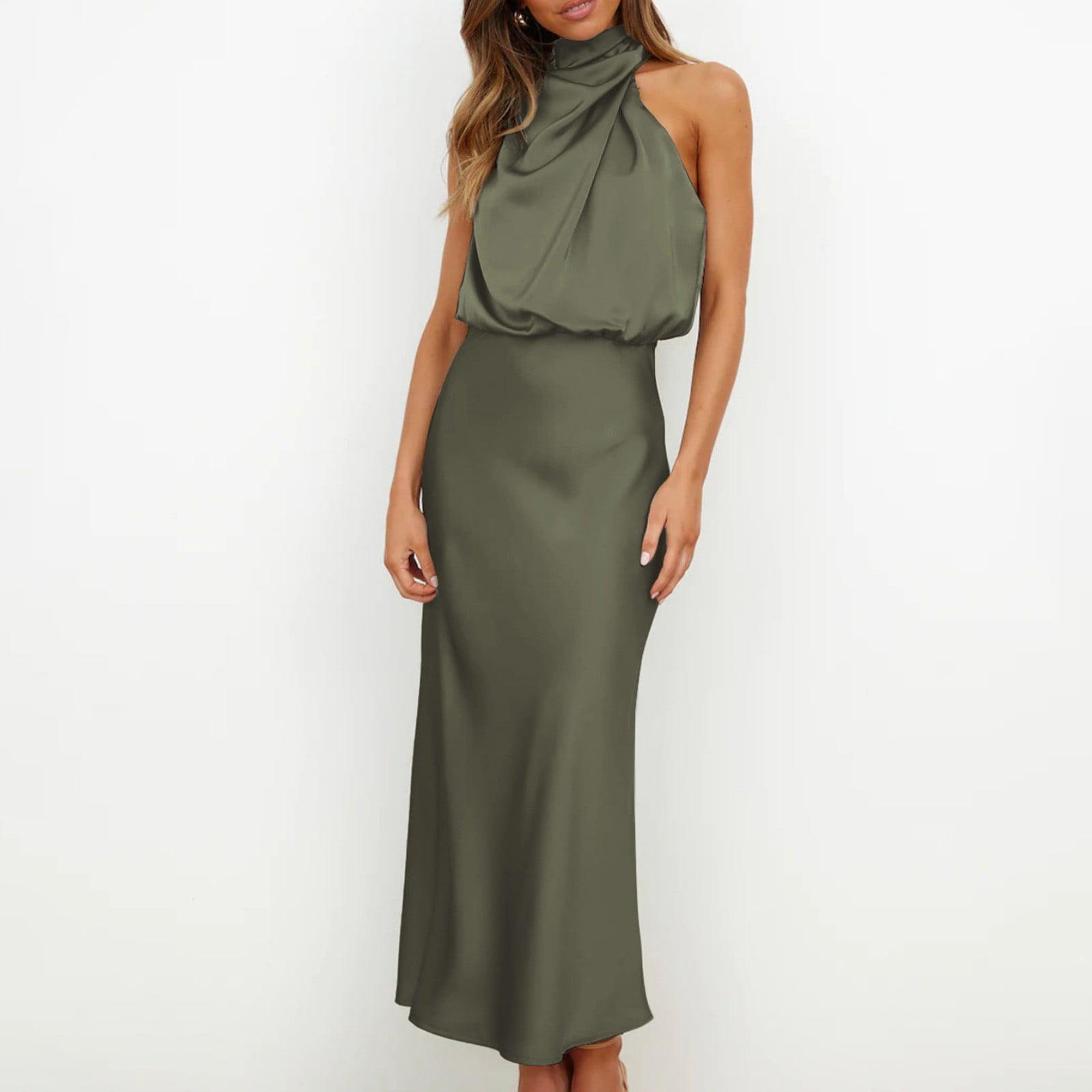 Formal Dresses for Women Evening Party Purple Satin Elegant Sleeveless Long Dress Party Dress Halter Neck Solid Ankle Length Maxi Dress Flowy High Waist Bodycon Wedding Guest Dress