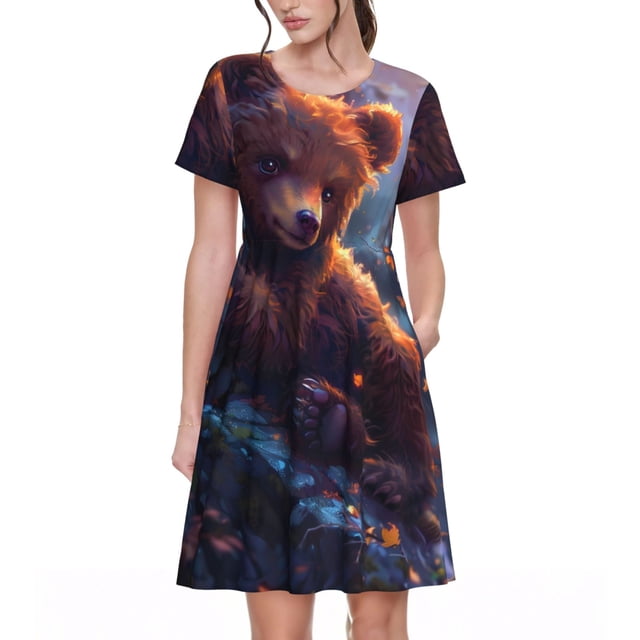Balery Lazy Stone Bear Vestidos sueltos de manga corta para mujer, vestidos de verano 2025, vestidos casuales de corte A con vuelo.