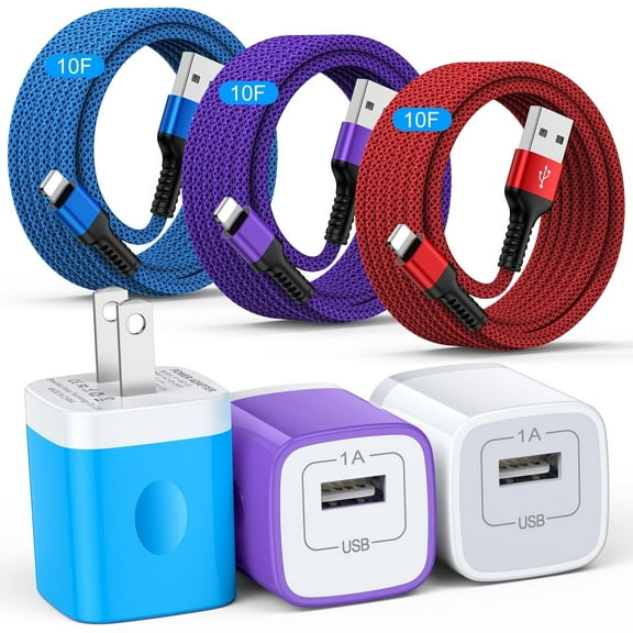 Compatible for iPhone Charger Block, 3 Pack USB Charging Block with 10FT Charging Cable, USB Wall Charger Adapter Plug USB Brick Cube Fast Charging Station Power Base Compatible for iPhone, Mixed