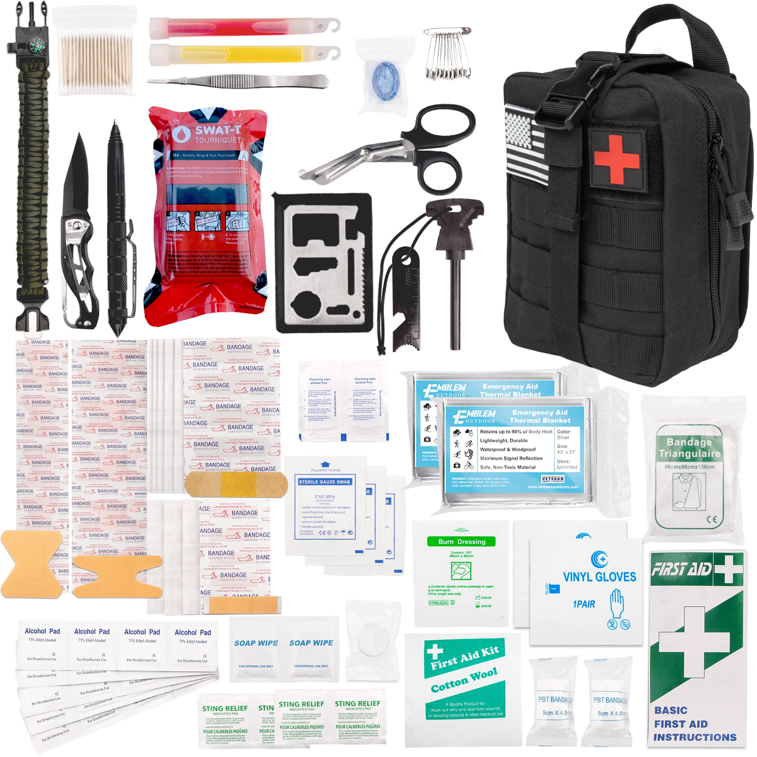 Emblem OD 242 Piece Survival First Aid Kit with Tourniquet | MOLLE Pouch with Paracord | Camping Hunting Hiking and Emergency Preparation | Survival Gear | Car First Aid Kit | Black