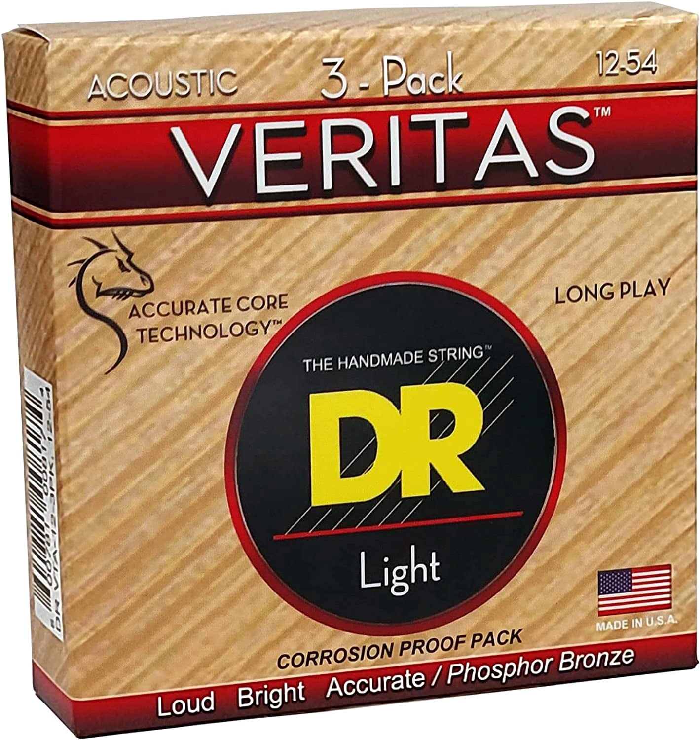 DR Strings VERITAS Uncoated Accurate Core Technology Acoustic Guitar Strings 3-Pack Light (12-54)