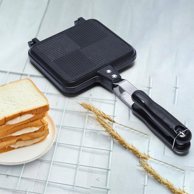 tostadoras de sándwich de aleación de aluminio Baoblaze, fabricante de desayuno negro con placas cuadradas estriadas y mango abatible; sartén flip no pegajosa de 35 cm x 15 cm, portátil e ideal para preparar sándwiches de queso y uso en picnic.