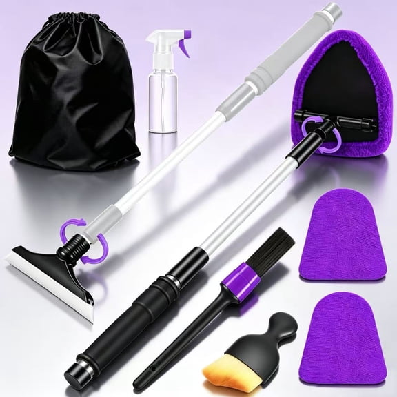 Purple Extendable Windshield Cleaner with 3 Reusable Microfiber Pads, Auto Glass Wiper Detailing Brush for Car & Household Windows