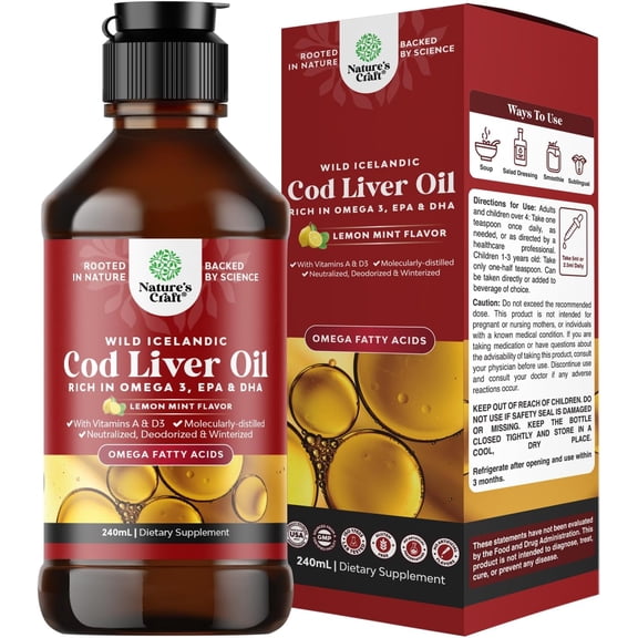 Natures Craft Liquid Cod Liver Oil Supplement, Omega 3 Fish Oil for Heart Health, Lemon Mint, 240 ml