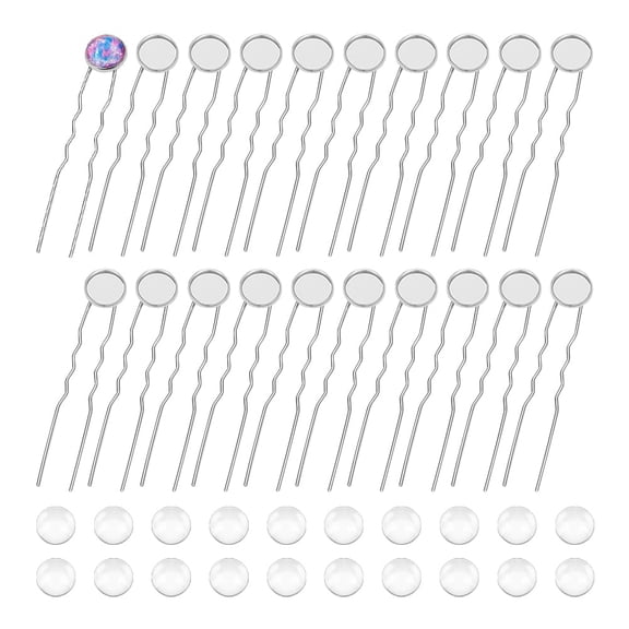 20 Sets U Shape Hairpins Platinum Round Bezel Tray Blank Hair Pins Brass DIY Cabochon Hair Pins Supplies with Glass Cabochons 12mm Tray Hair Clips 80mm Long Hair Fork for Jewelry Making