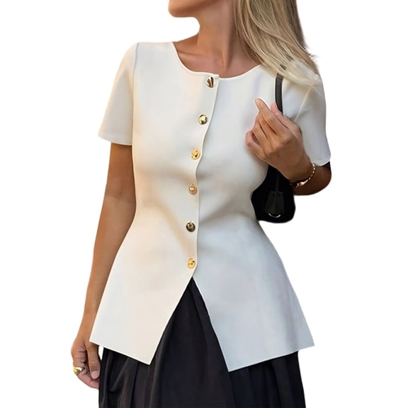 Women'S Short Sleeve Sweater Button Down Crew Neck Knit Cardigan Fashion Business Casual Outfits White L