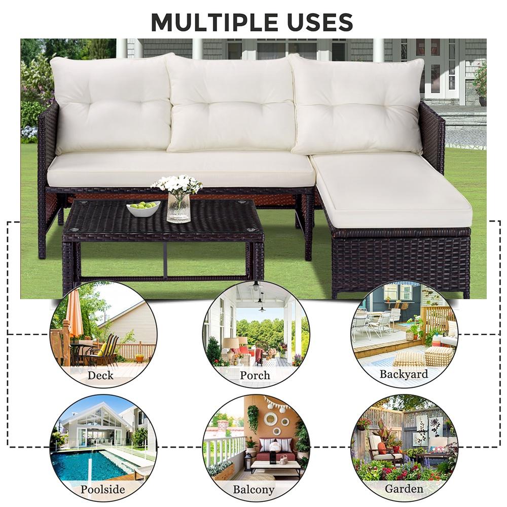 3 Pieces Patio Furniture Sectional Set, Outdoor Furniture Set with Two-Seater Sofa, Lounge Sofa, Table & Cushions, PE Rattan Wicker Bistro Set, Conversation Set for Garden, Backyard, Pool, B632 - image 2 of 10