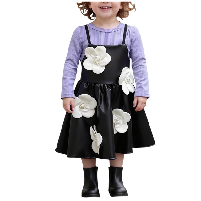 Ensemble 2 Pcs pour Enfant Garçon Fille Enfants Garçon Fille Col Rond Assorti Hauts T-Shirt Robe pour Enfant Bretelles Spaghetti Manches Longues Fleur Chaud 2 Pcs Mini Petite Robe Automne Hiver 2 Pcs Ensembles 2025 4 Ans