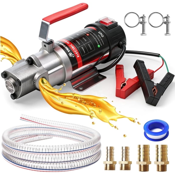 24V Electric Oil Change Pump, 3.2 GPM Self Priming Gear Pump, with 10-Foot Steel Wire Hose, Rugged Metal Gears, for Boat, Truck, Excavators, Industrial Equipment