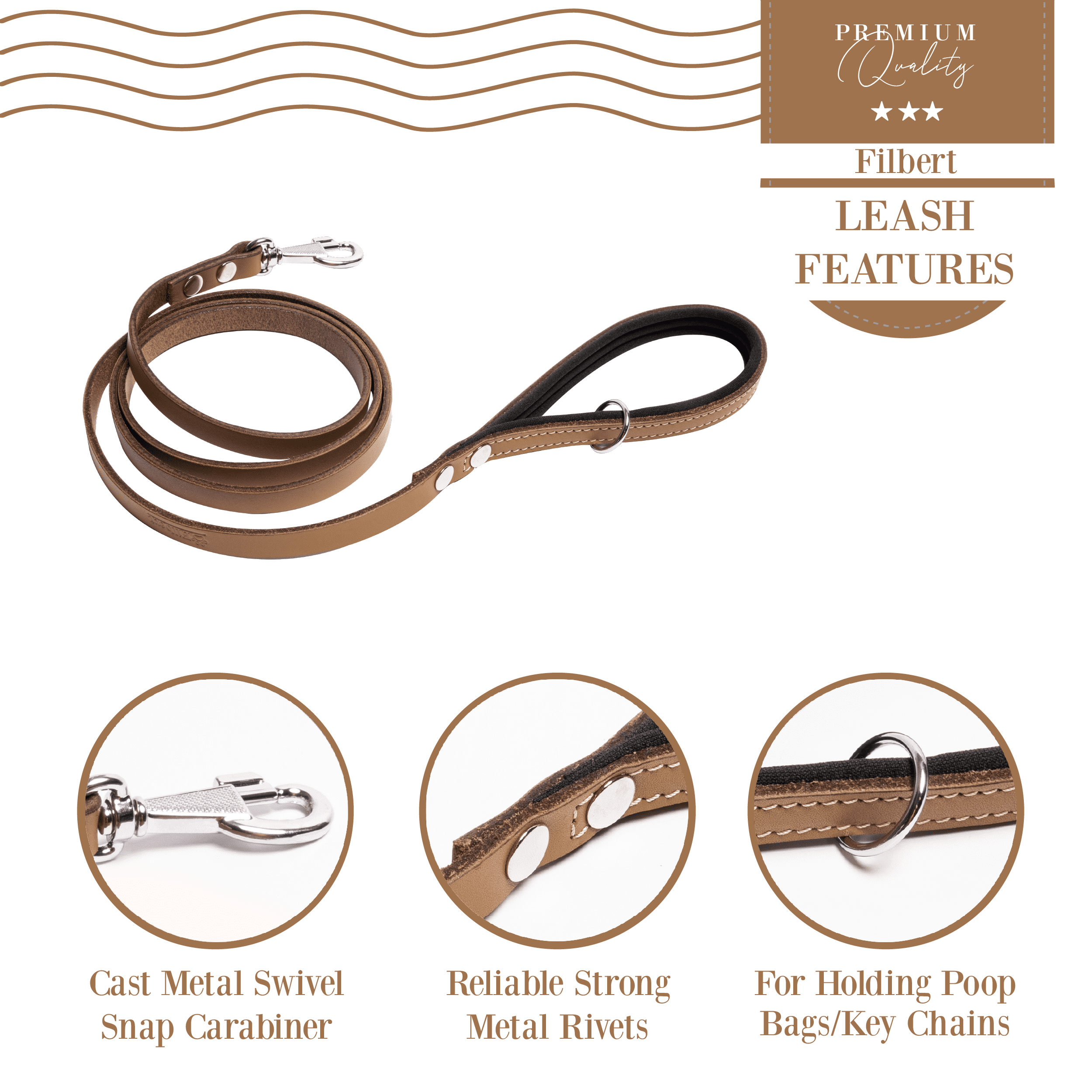 Filbert Genuine Leather Dog Leash, Strong Leather Leash for Small, Medium, Large Breed Dogs, 5.3ft, Soft and Comfortable, Durable, Heavy Duty, Camel