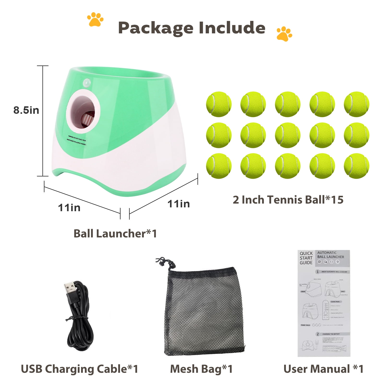 GYZJ Automatic Ball Launcher for Dogs,Interactive Dog Ball Thrower with 15x 2" Mini Tennis Balls for Small Dogs,Green
