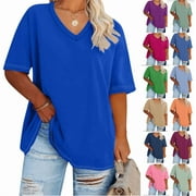 FANXING Plus Size T Shirts Women Curvy L Hot Pink Oversized V Neck Short Sleeve Summer T-shirt （Women's Plus S-5XL）