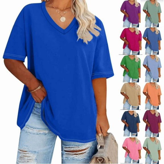 Fanxing Plus Size Tops Women 2XL Blue Oversized V Neck Short Sleeve Summer T-shirt (Women's Plus S-5XL)