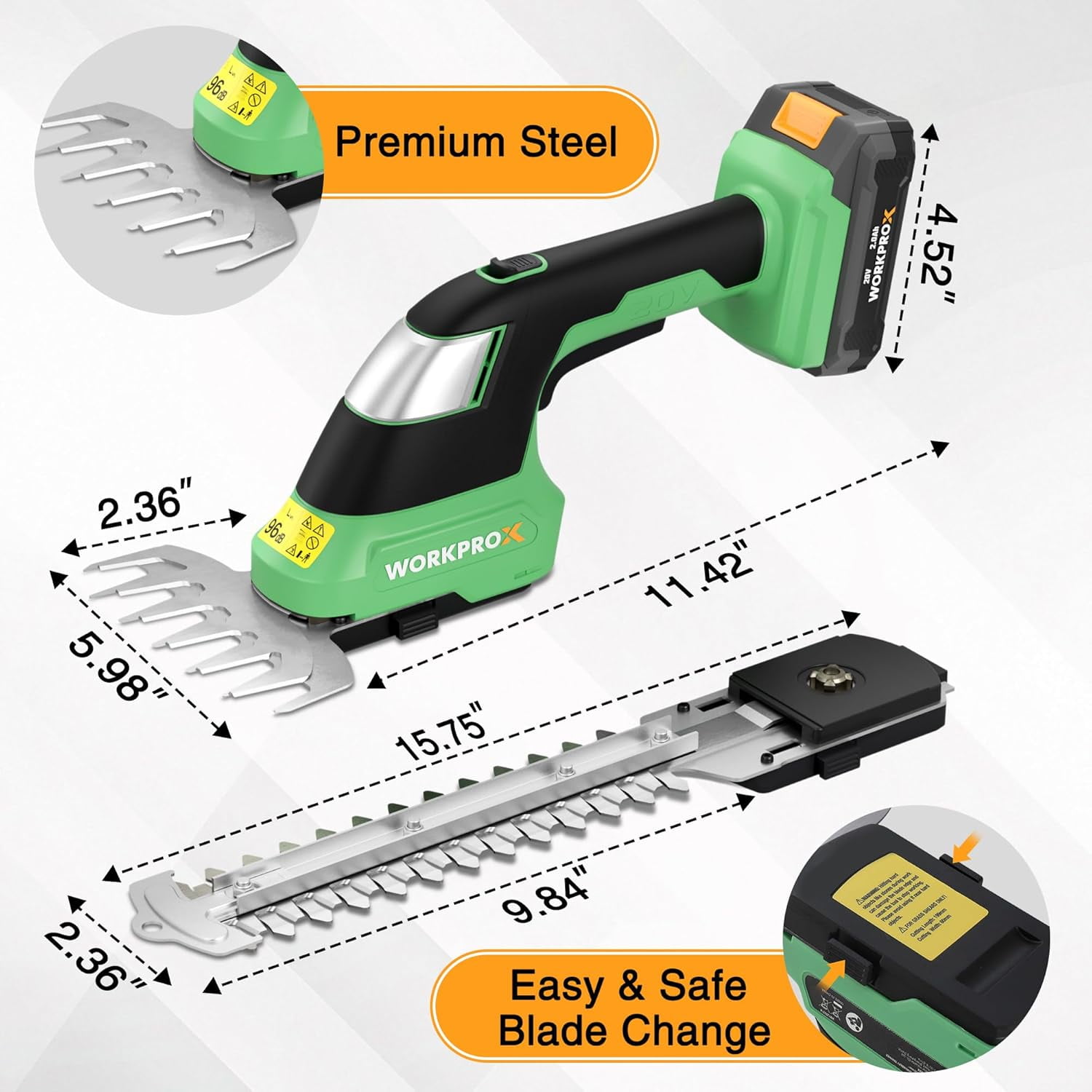 WORKPROX Cordless Grass Shear & Shrubbery Trimmer - 2-in-1 Handheld 20V Electric Grass Trimmer Hedge Shears/Grass Cutter, Rechargeable Lithium-Ion Battery and Type-C Cable Included