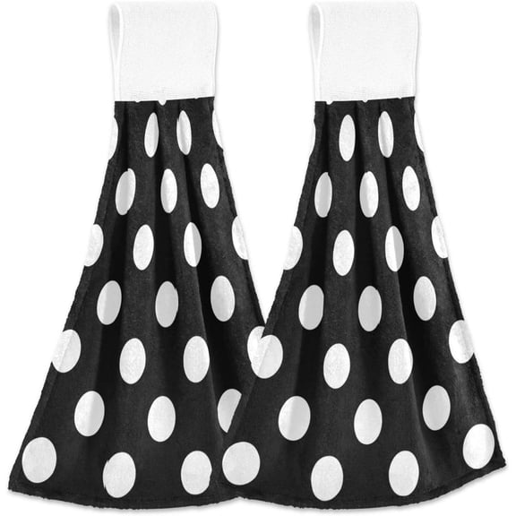 SKYSONIC 2 PCS Hanging Kitchen Hand Towels White Polka Dot with Black Dishcloths Sets with Loop, 12"x17" Hand Towels Kitchen Tie Towel , 12"x17"
