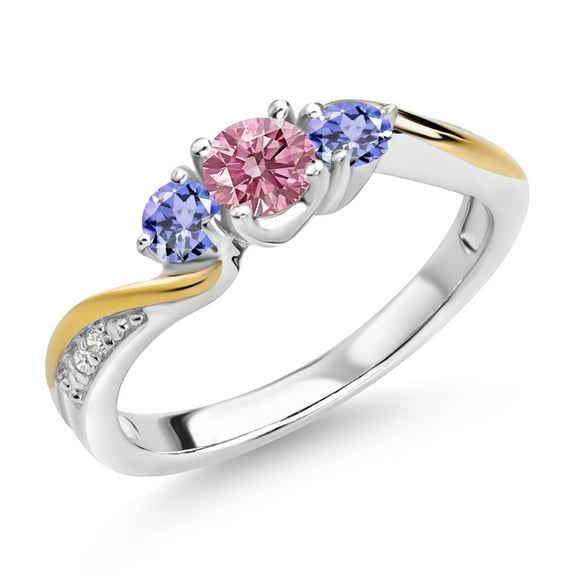 Gem Stone King 925 Silver and 10K Yellow Gold Pink and White Lab Grown Diamond Blue Tanzanite 3 Stone Engagement Ring for Women (0.58 Cttw, April Birthstone, Size 8)