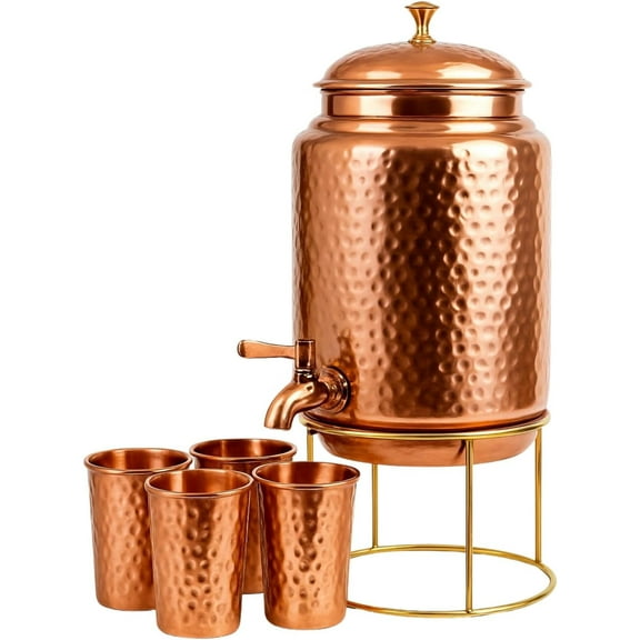 Pure Copper Hammered Design Water Pot Dispenser Container Matka Tank with Brass Stand, Tap & Knob, for Storage & Serving Water 5 Liters and 4 Copper Glass Set