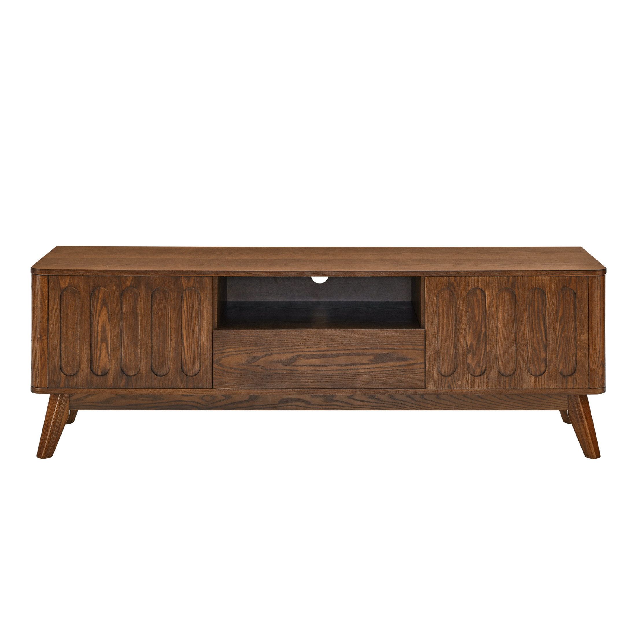 Noble House Mid-Century Modern Fluted TV Stand for 65" TV, Entertainment Console with Storage, Solid Wood Legs, Walnut