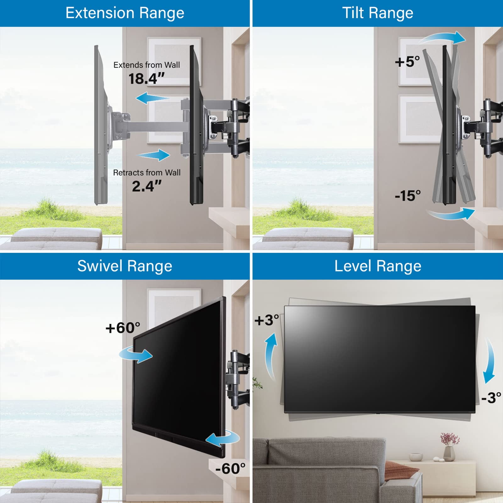 Comzon Full Motion TV Mount Articulating Arm TV Wall Mount Bracket for 37-80 Inch LED, LCD, OLED, 4K, Flat Curved TV, VESA Max 600x400, Holds 88lbs, Black