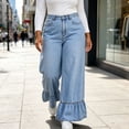 thumbnail image 2 of QQZ Wide Leg Ruffle Hem Jeans For Women, Plus‑Size Button‑Zip Denim Pants, Classic Pocket Loose Trousers, Trendy Relaxed Fit Jeans For Home Office Casual Weekend Activities, 2 of 7