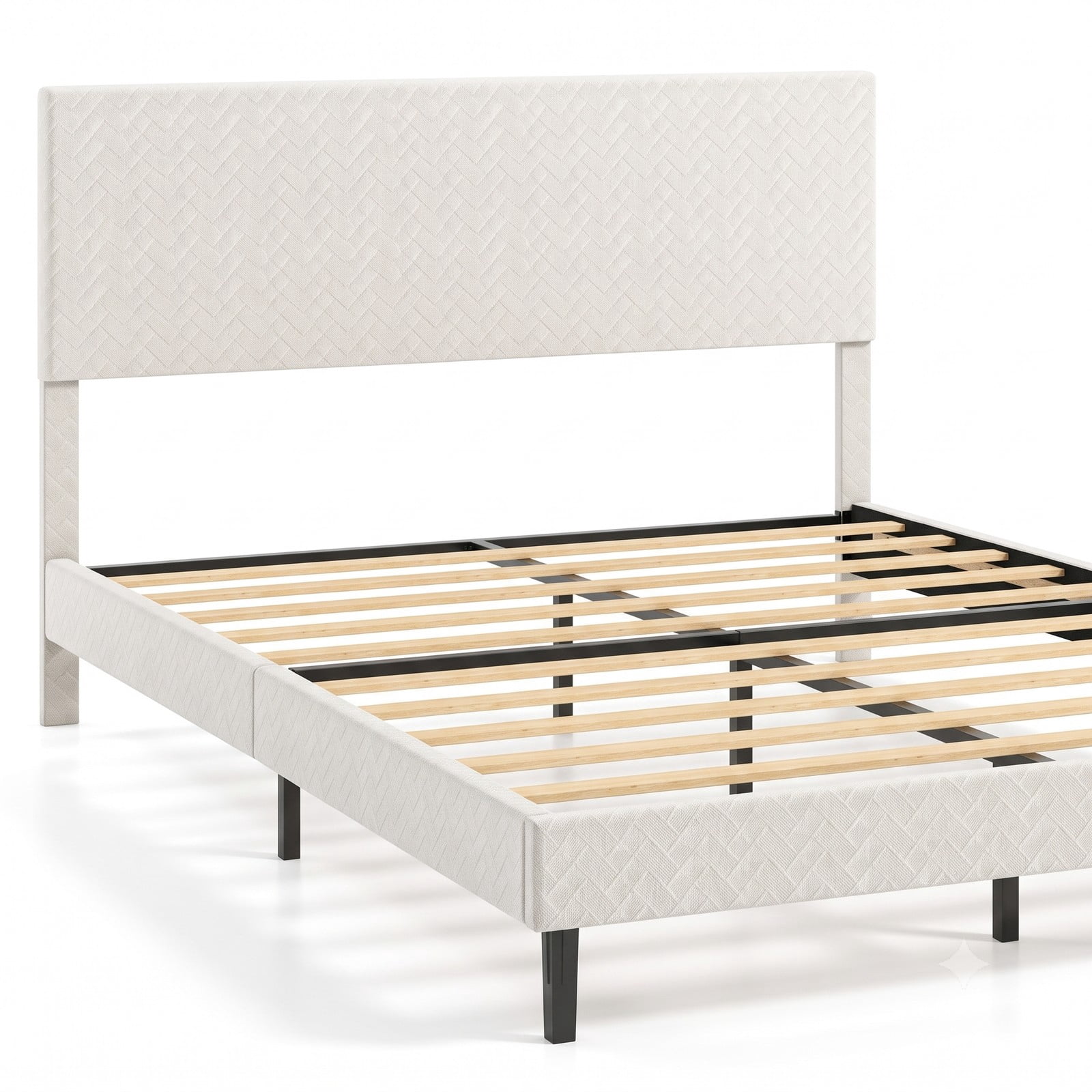 Furnibear Velvet Upholstered Platform Bed Frame with Height Adjustable Chevron Headboard and Wooden Slats for Bedroom, Beige