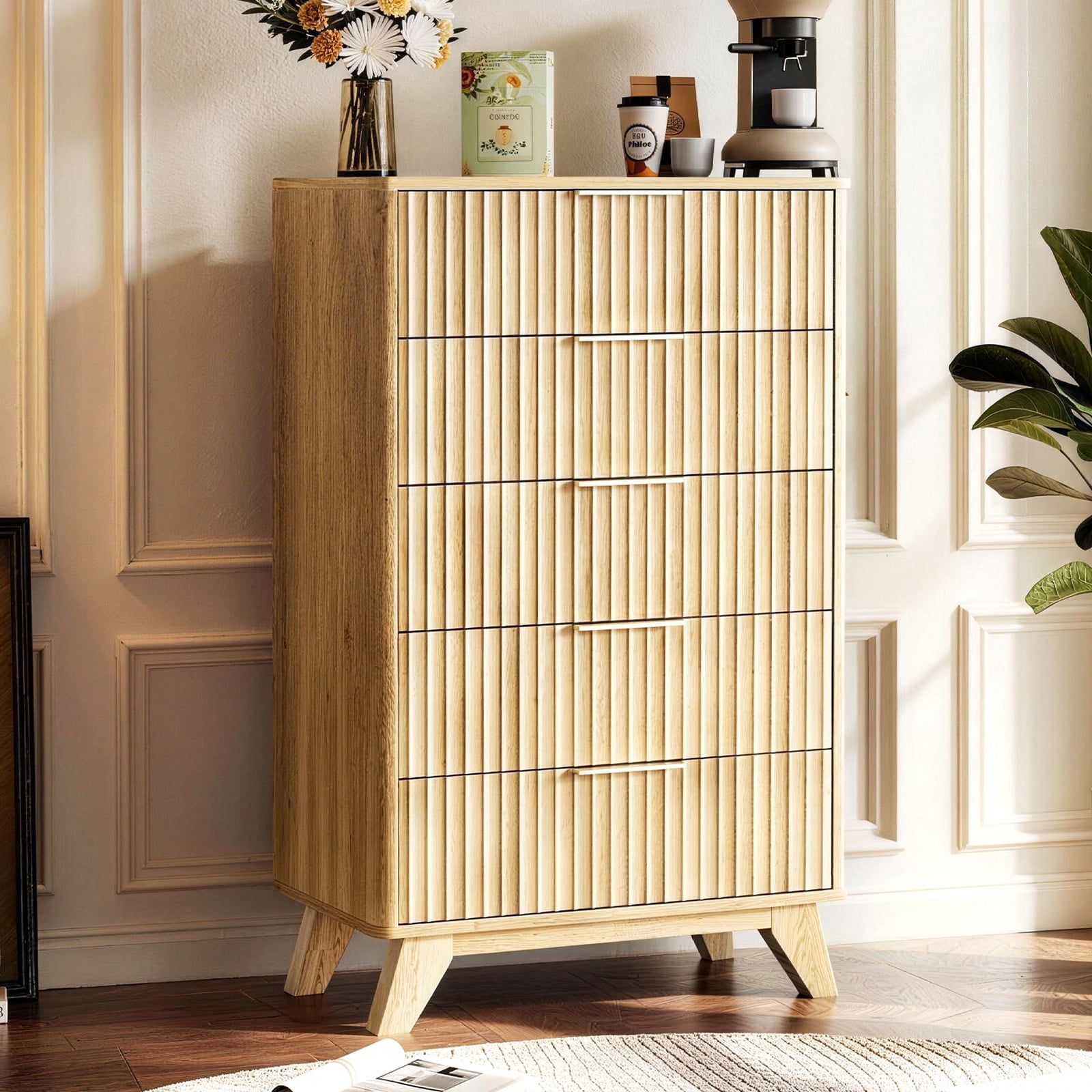 Ktaxon Fluted Tall 5 Drawer Dresser Solid Wood Chest of Drawers with Soft Close Slides Storage Cabinet for Bedroom Living Room Entryway Oak