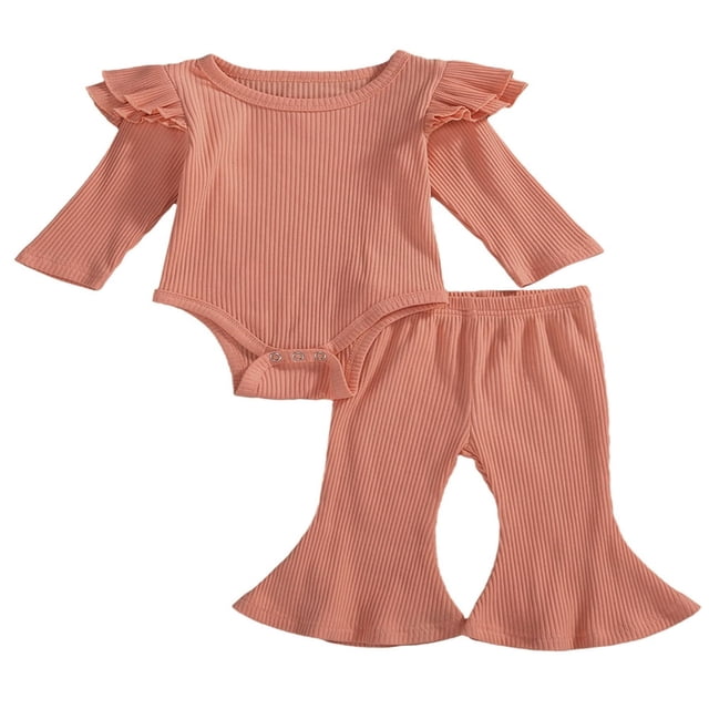 Newborn Baby Girl Boy Romper Bodysuit Top Ribbed Bell Bottom Pants Set 2Pcs Outfits