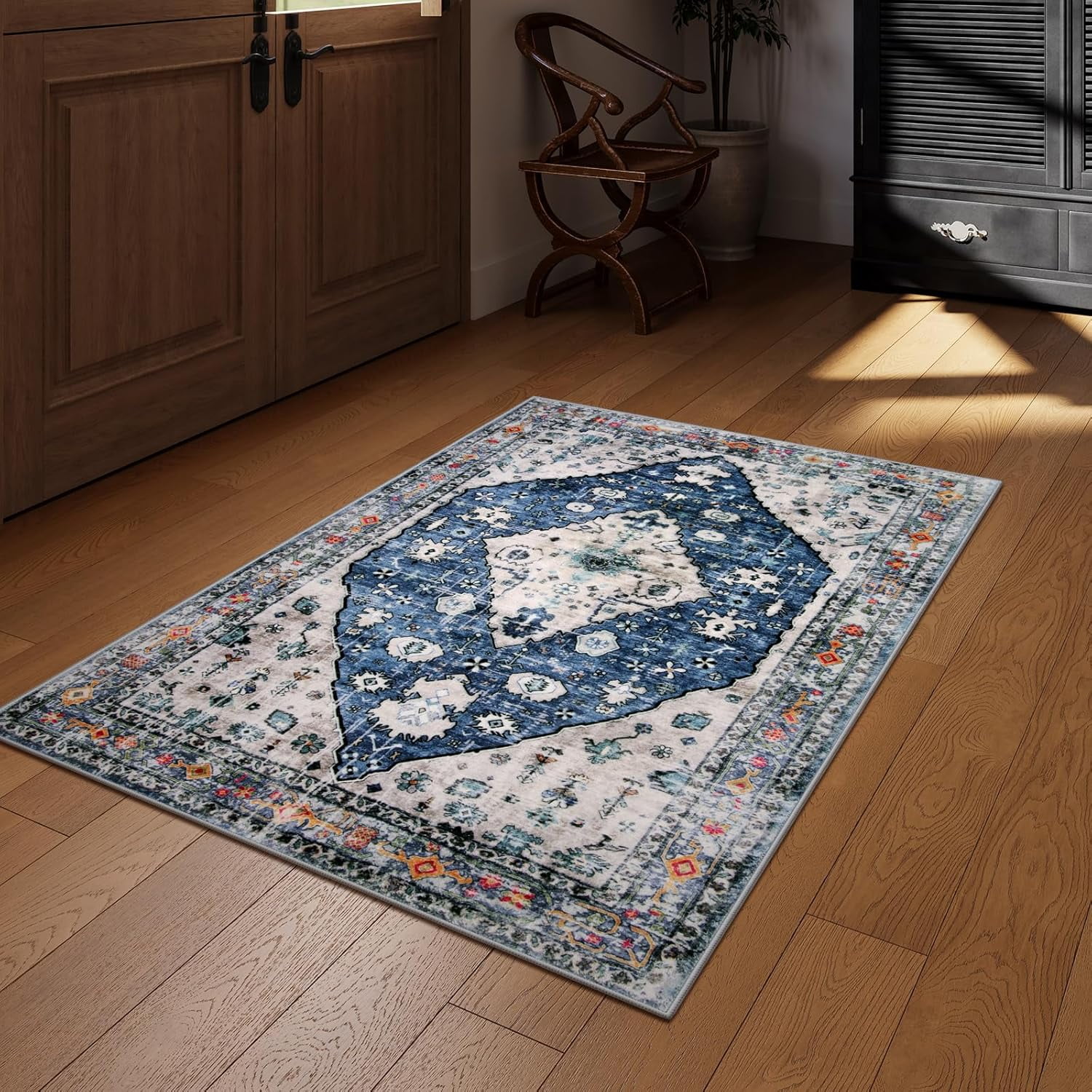 Wonnitar 3'x5' Boho Tribal Entryway Rug, Washable Area Rug for Kitchen Non Slip Stain Resistant, Low Pile Vintage Coastal Throw Rug for Bedroom Bathroom Laundry Room, Blue