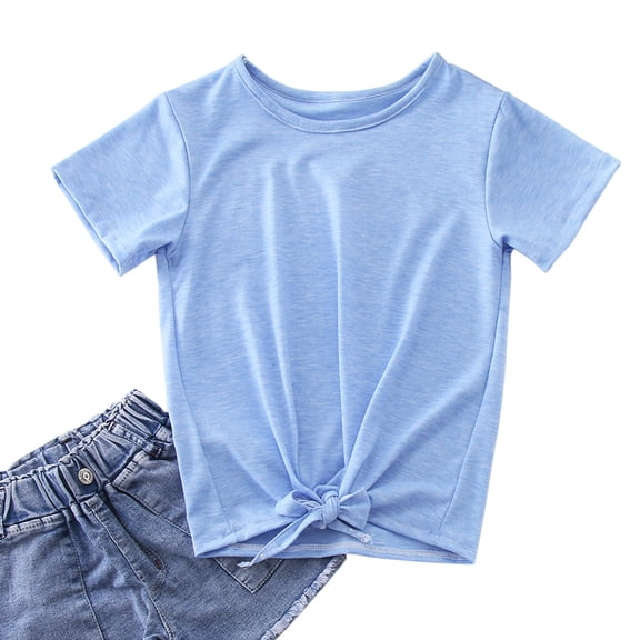 lnmuld Girls Tie Front Knot Crewneck Short Sleeve Loose Fit Casual Summer Tee Size:12-13 Years