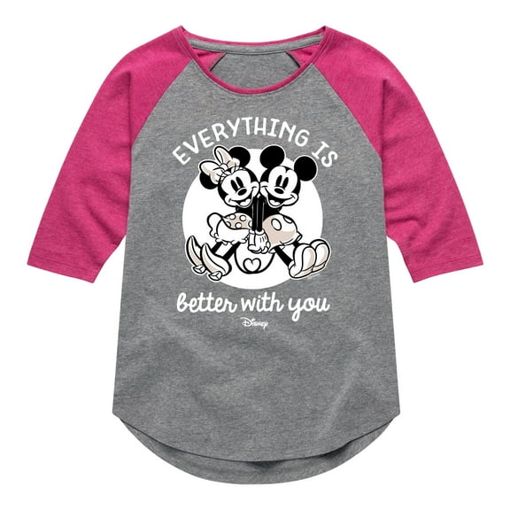 Disney - Mickey & Friends - Mickey & Minnie - Everything is Better with You - Toddler And Youth Girls Raglan Graphic T-Shirt