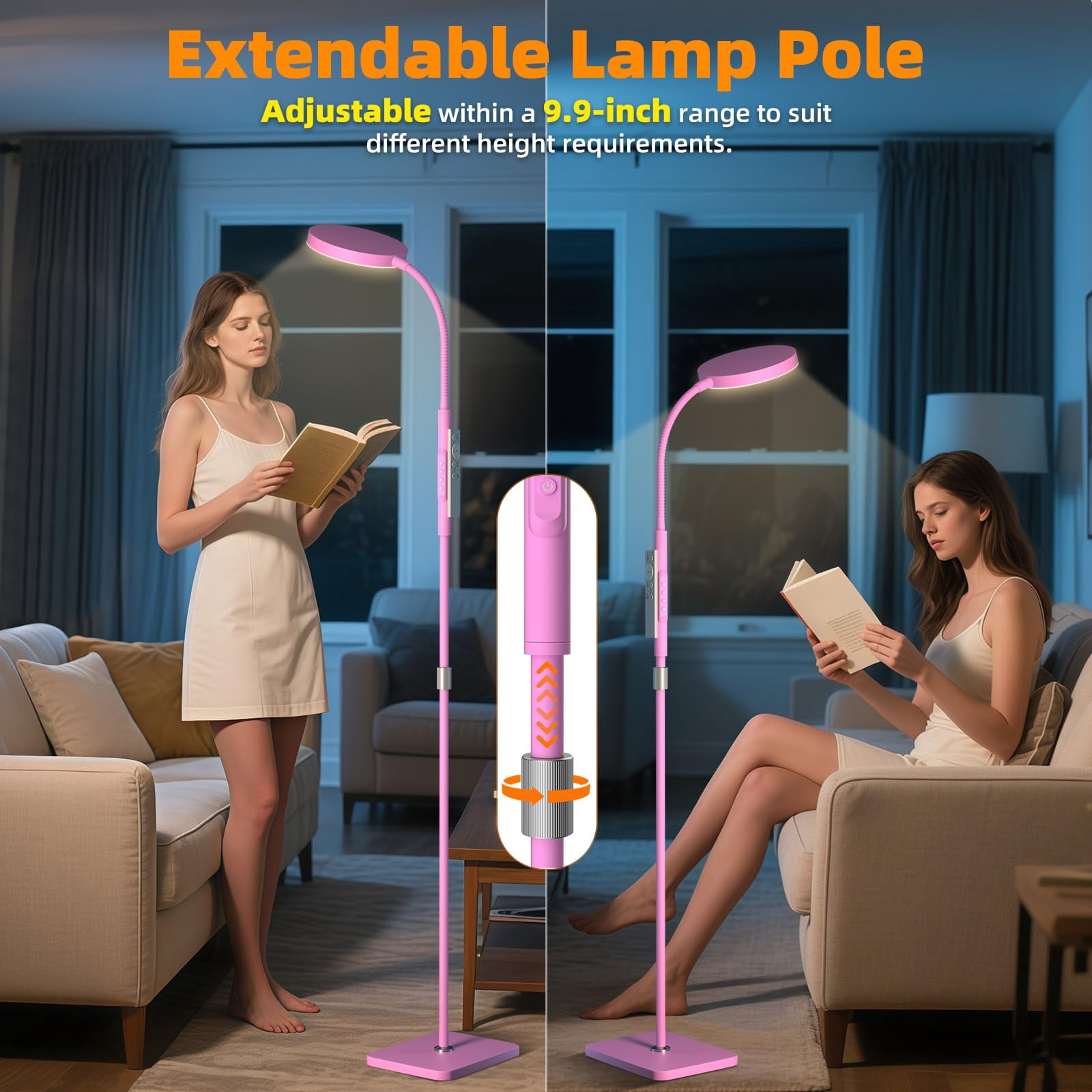 Floor Lamp  Adjustable Height Lamps For Living Room Bedroom 120 Led Super Bright Standing Remote Control Dimmable Gooseneck Tall Stand Reading Office Craft Pink