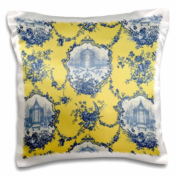 3dRose, Garden French Toile. Yellow and blue. Popular toile print., 16x16 inch Pillow Case
