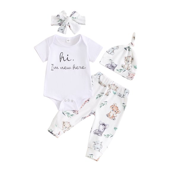 RUINIXCW Newborn Baby Boy Girl Hospital Coming Home Outfit Infant Baby Clothes Hi I'm New Here Short Sleeve Animal Print Romper Pants Headband Hat Set