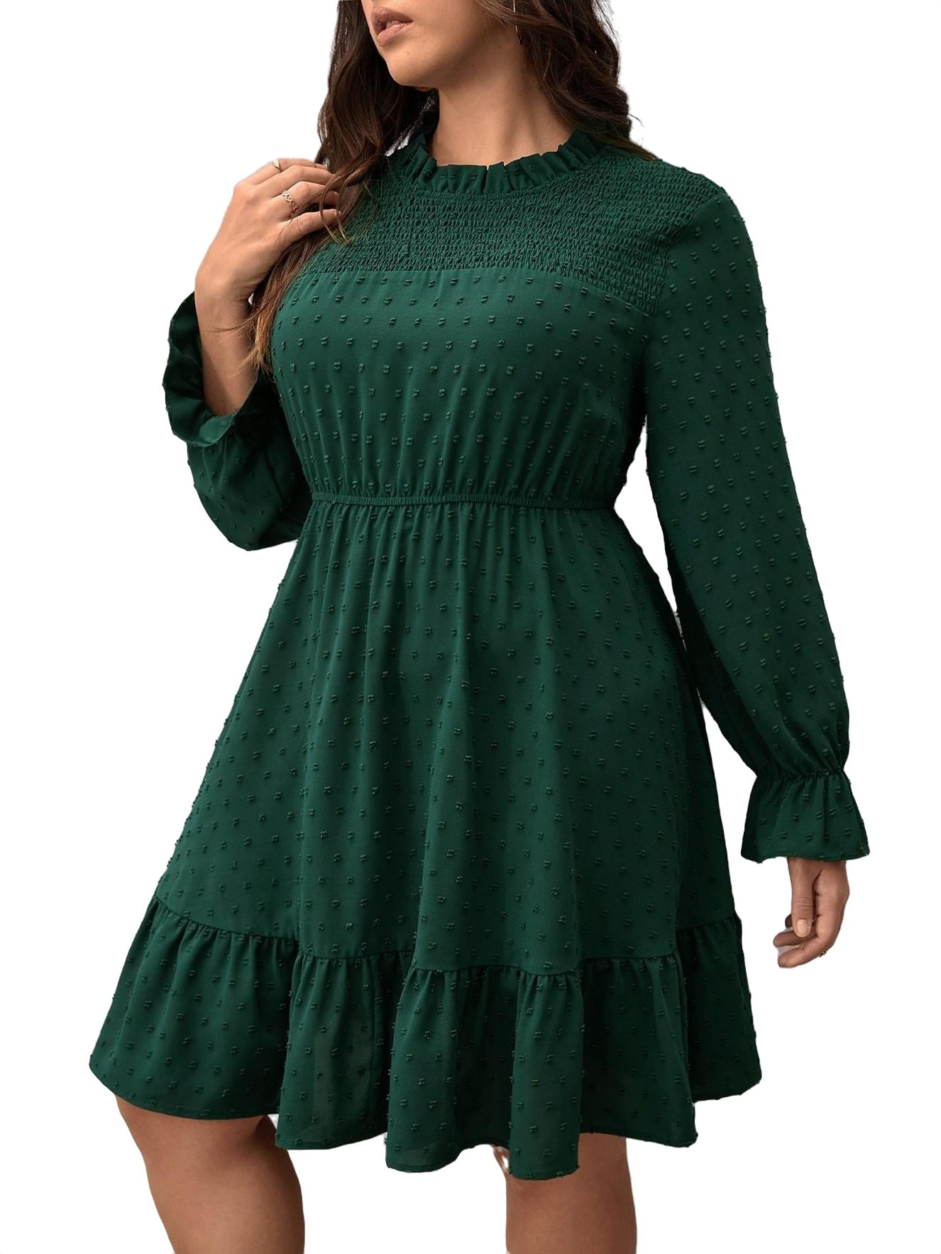 Elegant Plain Round Neck A Line Long Sleeve Dark Green Plus Size ...