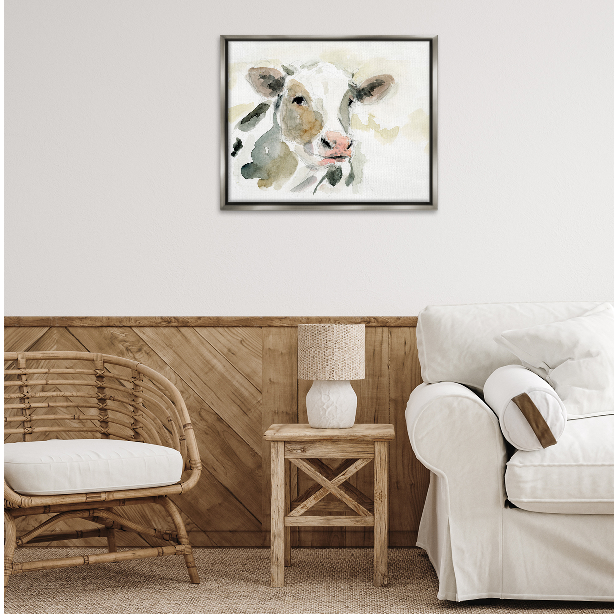 Stupell Industries Soft Watercolor Cow Animals & Insects Painting Gray Floater Framed Canvas Art Print Wall Art, 31 x 25
