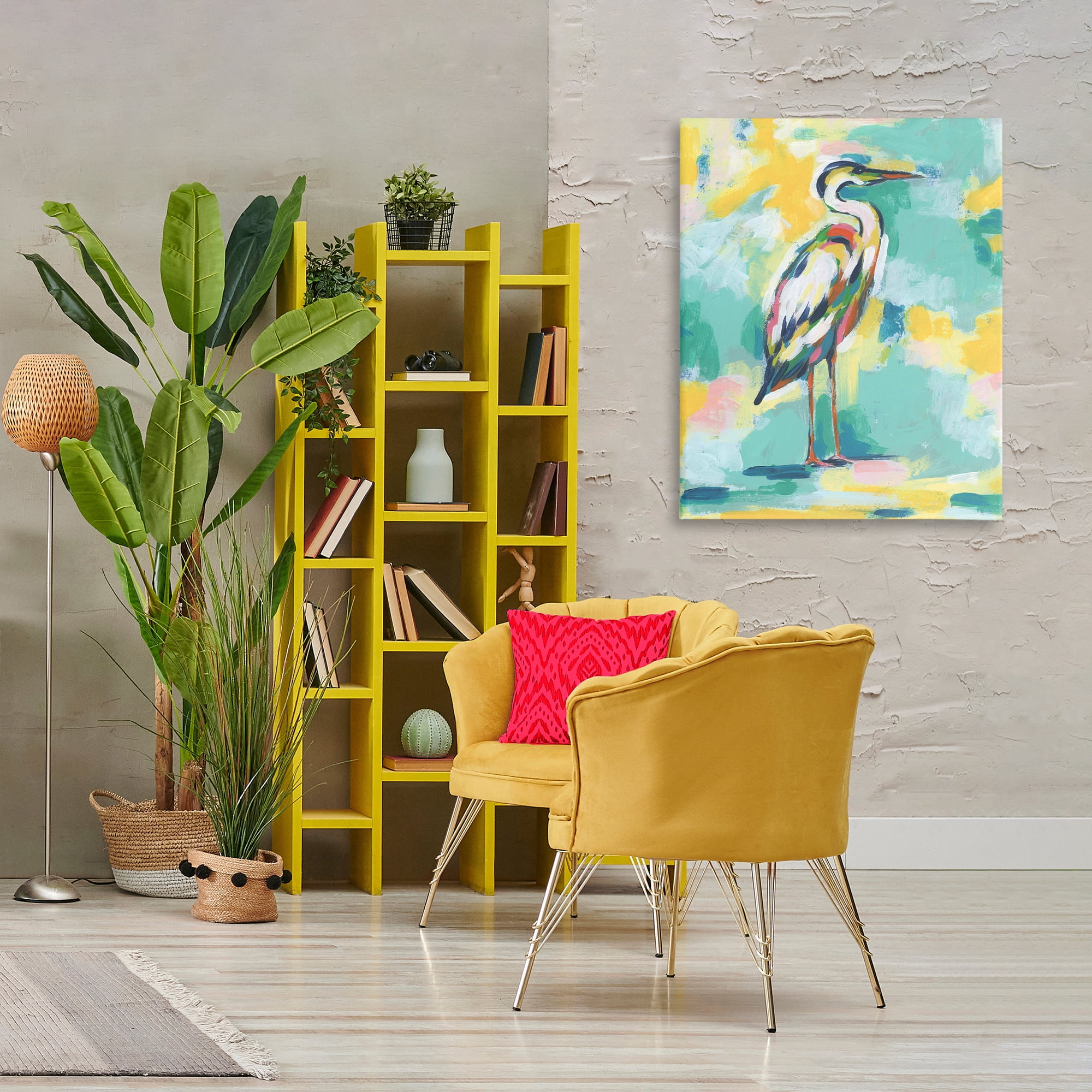 Stupell Industries Yellow & Blue Heron Animals Painting Wrapped Canvas Art Print Wall Art, 30 x 40