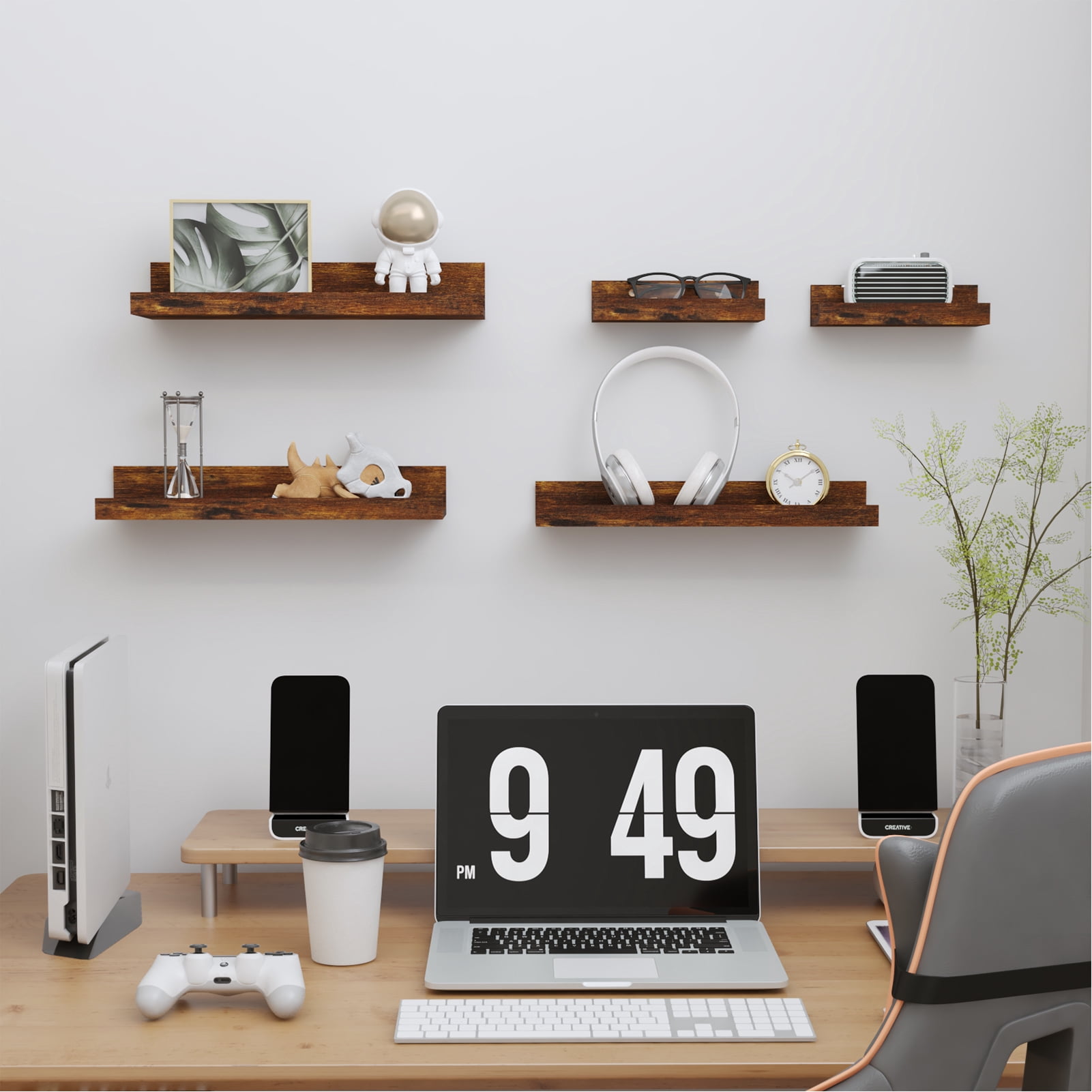 Floating Wall Mounted Shelves Set of 5, Rustic Small Picture Ledge for Bathroom, Bedroom, Kitchen, Living Room Storage and Decoration, Brown