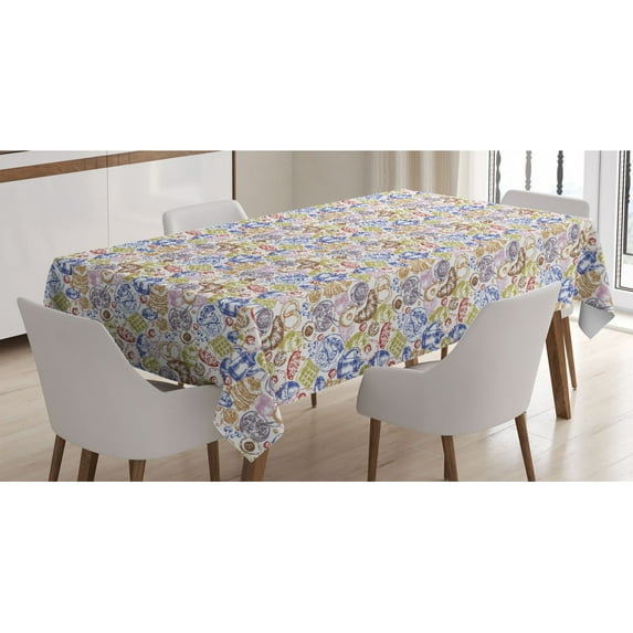 Tea Party Tablecloth, Waffles Pancakes with Blueberries Pretzel English Breakfast, Rectangle Satin Table Cover Accent for Dining Room and Kitchen, 52" X 70", Violet Blue Khaki, by Ambesonne