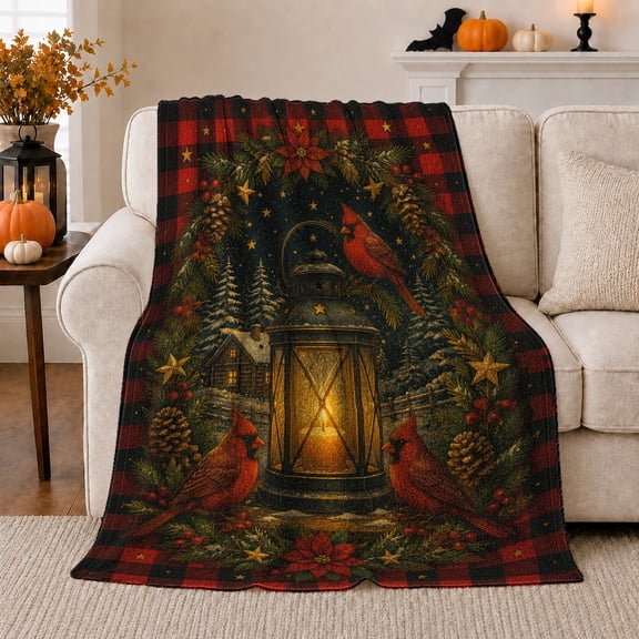 Cardinal Lantern Cabin Scene in Rustic Christmas Style for Bird Lovers, Evergreen Wreath Plaid Scene, Cozy Flannel Blanket for Bedroom and Living Room, Christmas Gift, Cardinal Home Decor