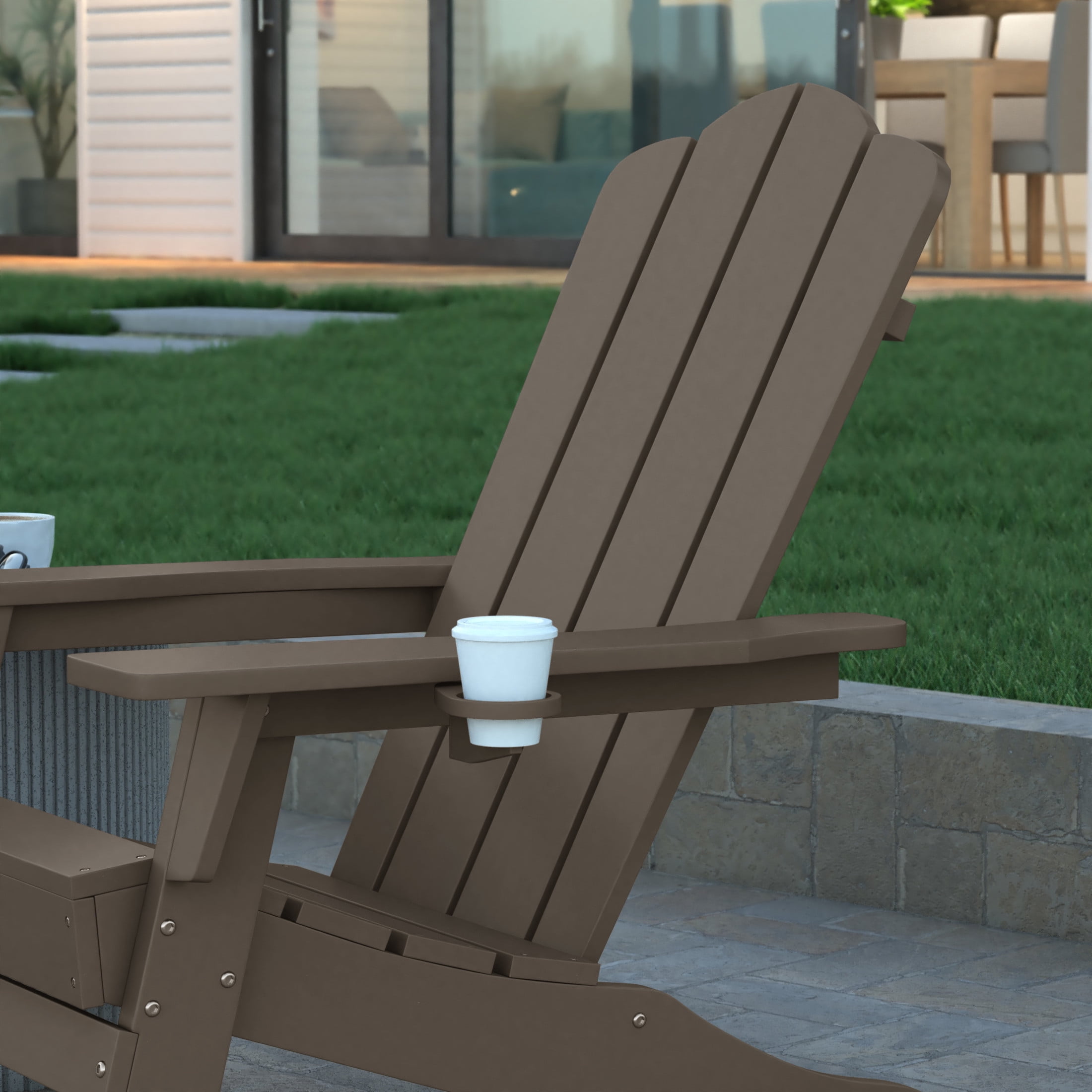 Emma + Oliver Set of 2 Adirondack Chairs with Cup Holders, Weather Resistant HDPE Adirondack Chairs in Brown
