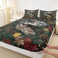 thumbnail image 4 of Metsweet Jungle Animal T-Rex Queen Sheets 4 Pieces, Maple Leaves Dino Queen Sheet Sets, Blue Green Red,1 Fitted Sheet, 1 Flat Sheet and 2 Pillowcases, 4 of 5