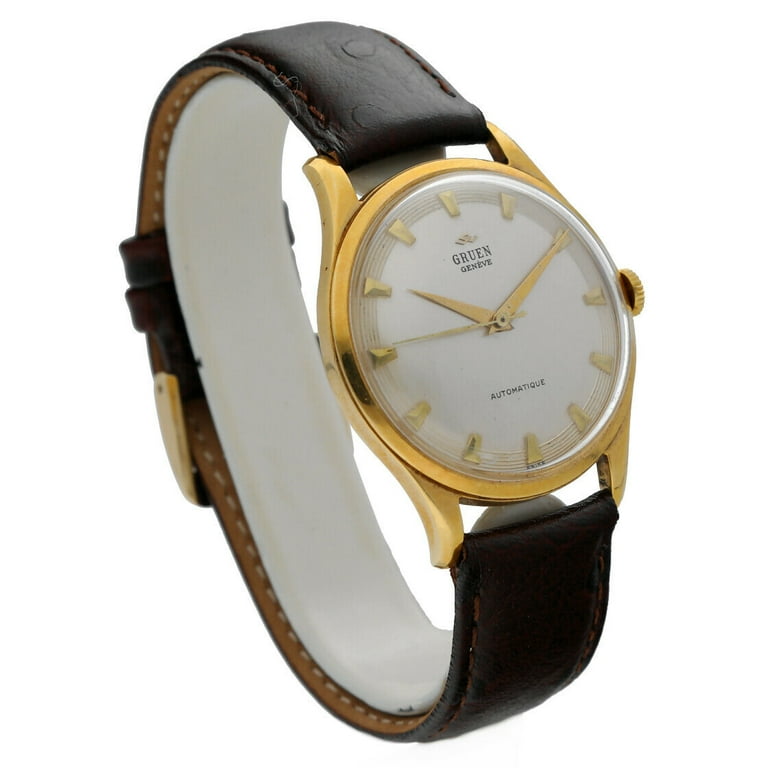 Vintage Gruen Geneve 14K Yellow Gold Bumper Automatic Leather Men