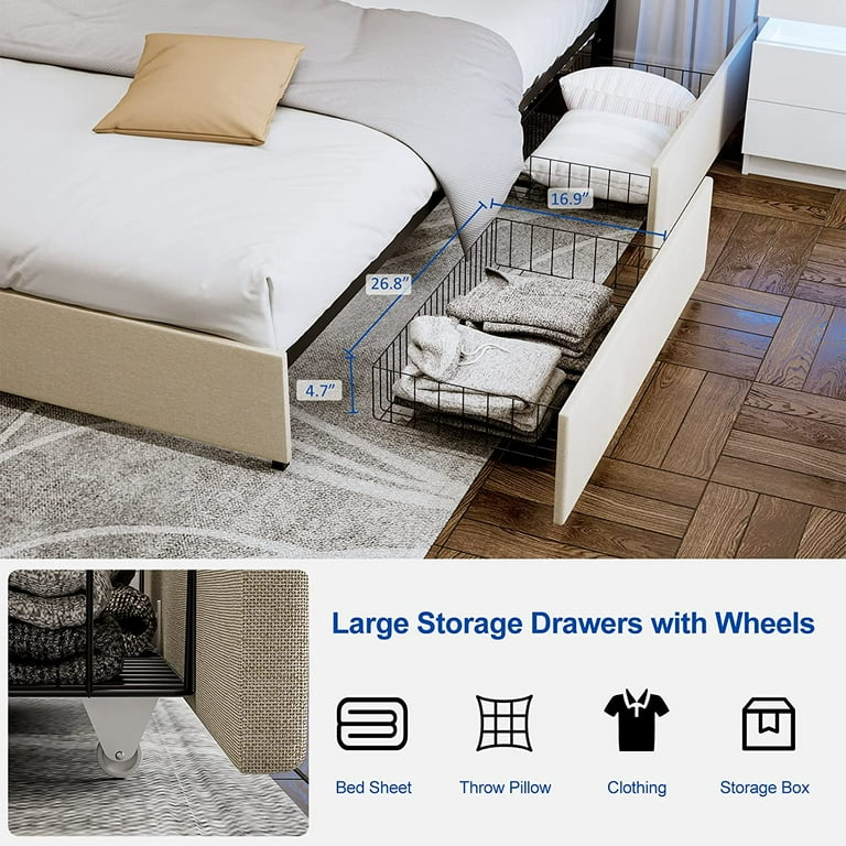 IKIFLY Full Bed Frame with 4 Storage Drawers & Headboard
