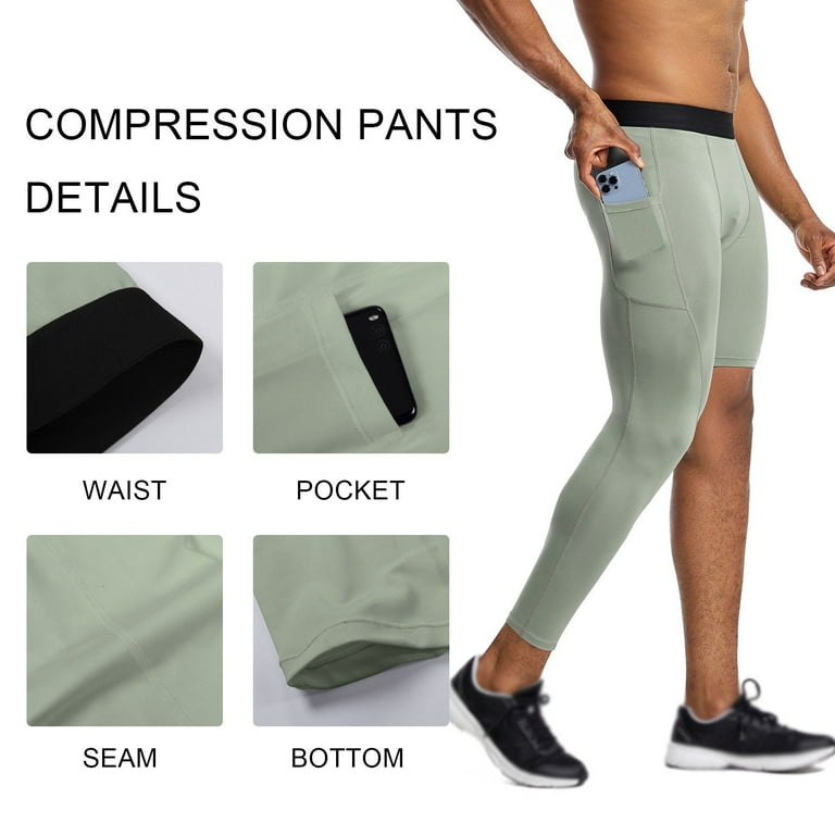 Men s Single Leg Compression Pants Cool Dry Workout Basketball Tights with Pocket Athletic Base Layer Underwear Green L Walmart