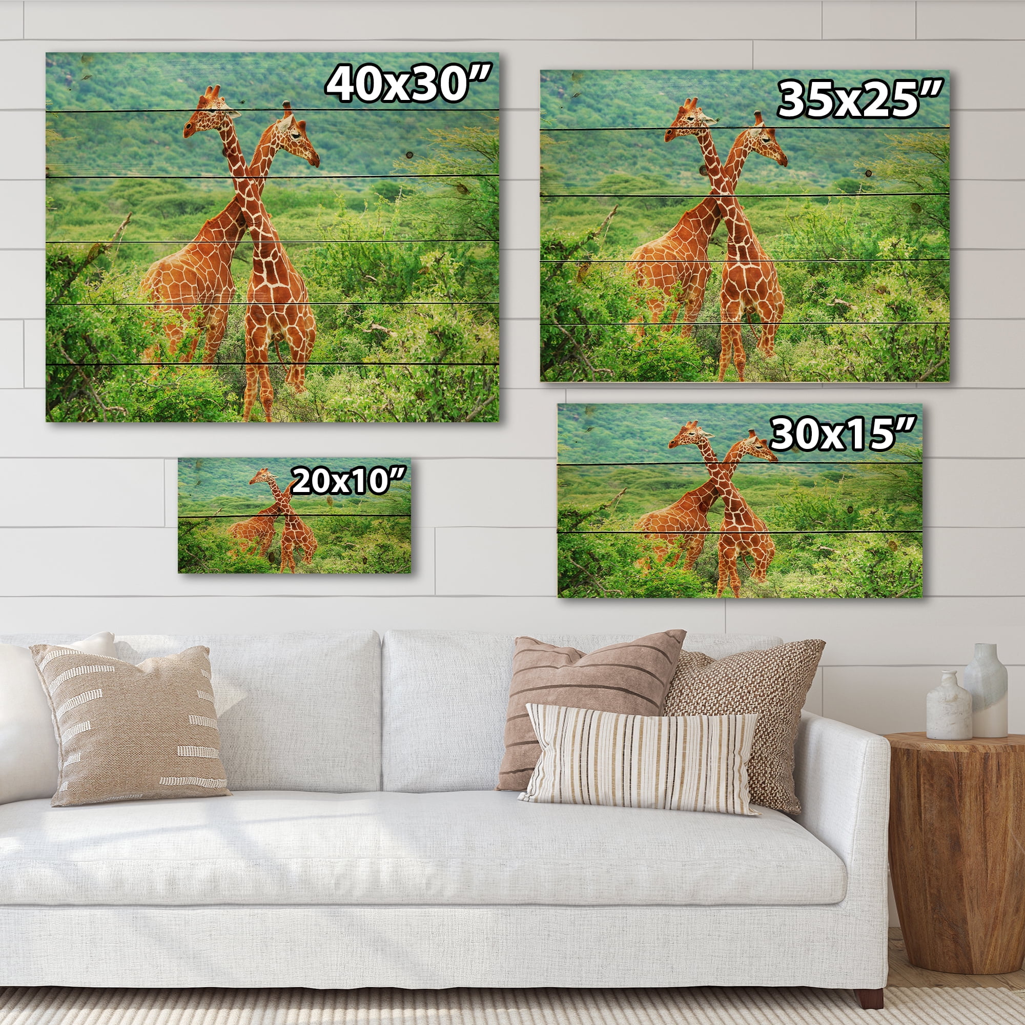 Designart 'Two Giraffes Fighting In Lush Green Wild' Farmhouse Print on Natural Pine Wood