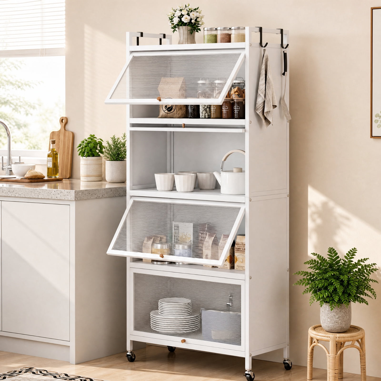 Furnibear 5 Tier Kitchen Storage Cabinet with 4 Flip Up Doors Rolling Wheels and Hooks Tall Metal Pantry for Kitchen and Garage, White