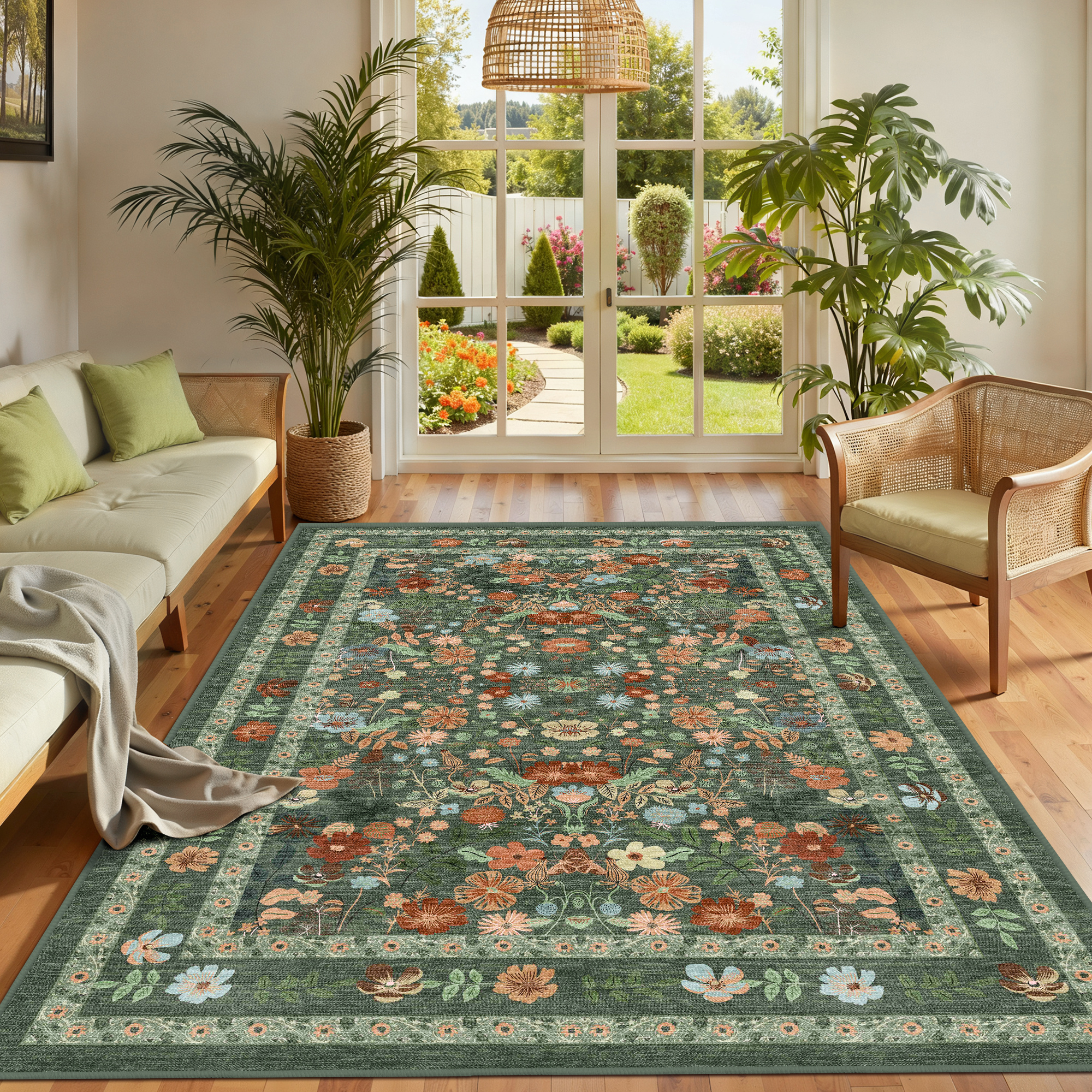 ATHOPE 5x7 Area Rugs for Living Room Bedroom, Floral Washable Soft Low Pile Rug with Non-Slip Backing, Large Vintage Distress Print Pattern Carpet, Green Floral