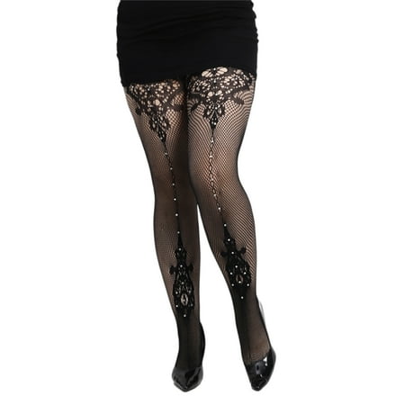 GRABLOOM Womens Flower Jacquard Fishnet Suspender Tights Sparkly Rhinestones Mesh Thigh High Stockings Garters Pantyhose Lingerie